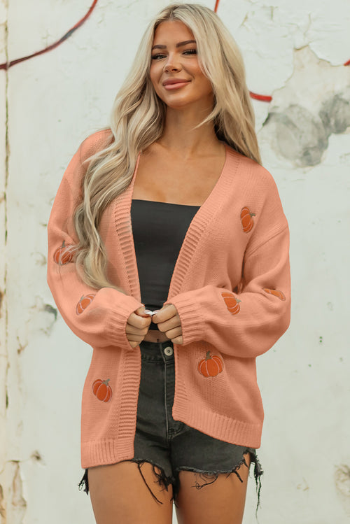 Straw Yellow Pumpkin Print Open Front Drop Shoulder Midi Cardigan