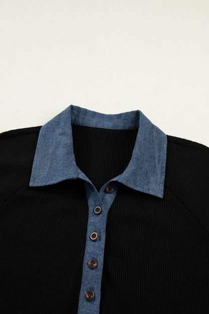 Black Textured Knit Denim Patchwork Button Polo Collar Long Sleeve Top