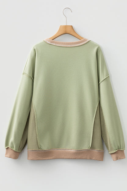 Smoke Green Waffled Color Block St Patricks Day Clover Patched Baggy Sweatshirt