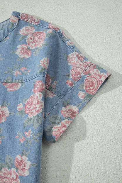 Sky Blue Floral Denim Short Sleeve Top Loose Shorts 2pcs Set