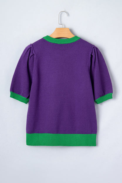 Tillandsia Purple Mardi Gras Tinsel Graphic Short Sleeve Sweater