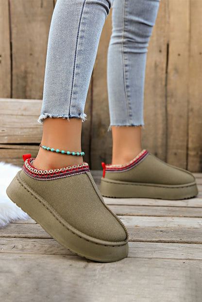 Chestnut Faux Suede Embroidered Detail Plush Lined Platform Slippers