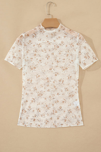 White Mock Neck Short Sleeve Floral Mesh Top
