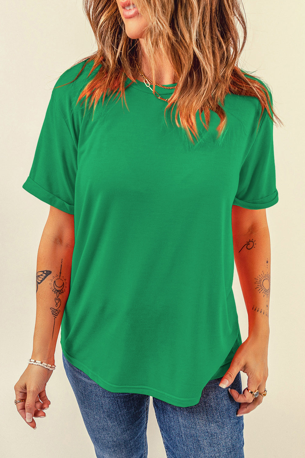 Sachet Pink Bright Casual Plain Crew Neck Tee