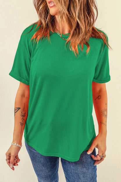 Sachet Pink Bright Casual Plain Crew Neck Tee