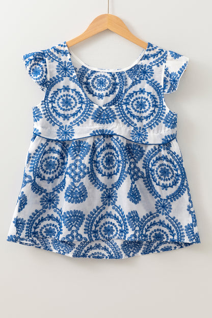 Blue Boho Print Flutter Sleeve Crew Neck Blouse