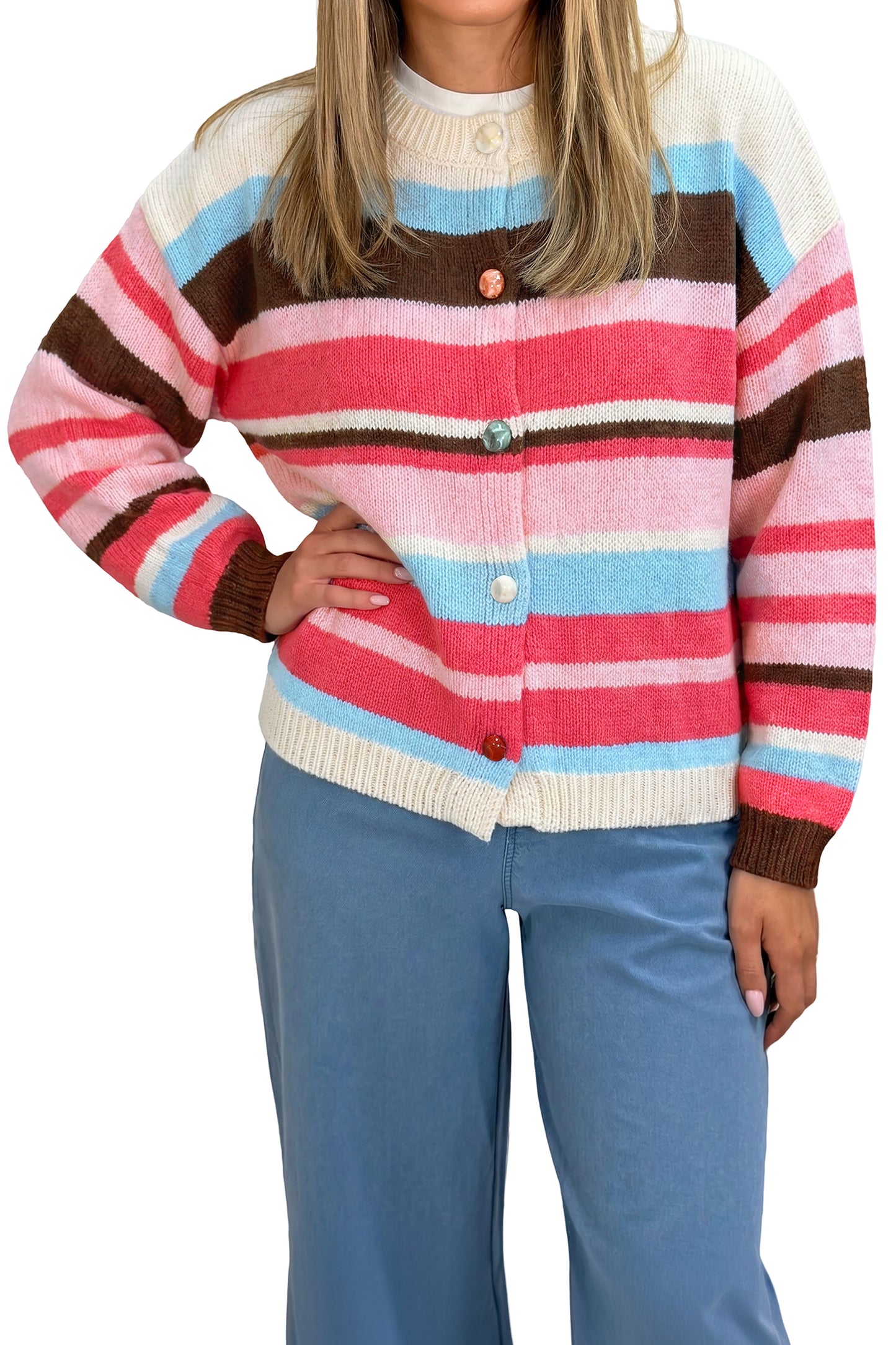 Pink Stripe Striped Colorblock Drop Shoulder Cardigan