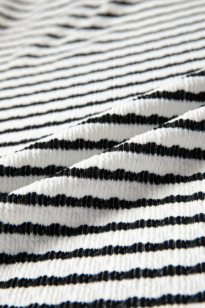 Black Stripe Textured Knit Twisted Rib Contrast Patchwork V Neck Long Sleeve Top