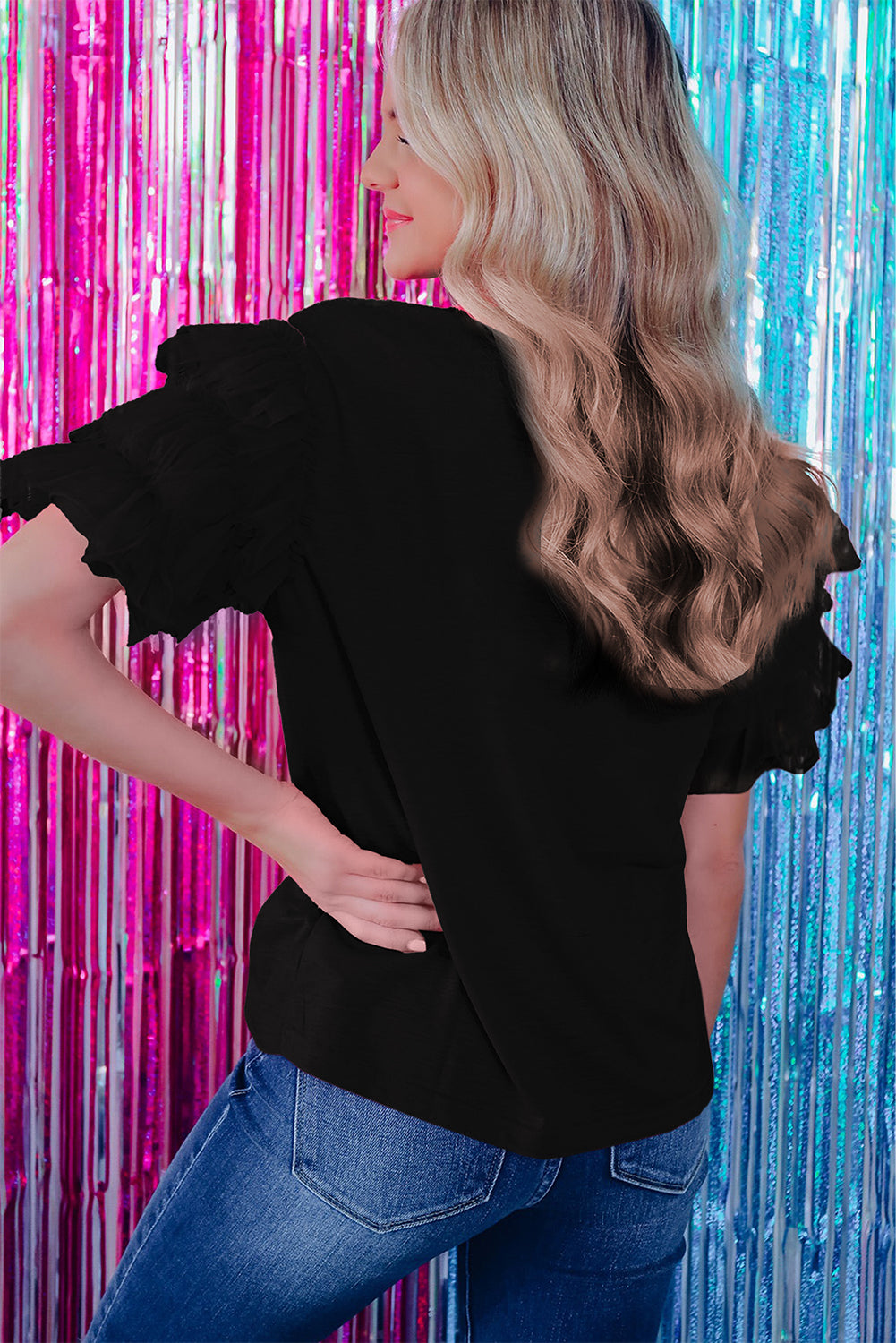 White Tulle Ruffle Sleeve Blouse