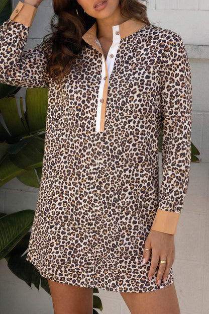 Multicolour Button Striped Collar Leopard Print Long Sleeve Flared Dress