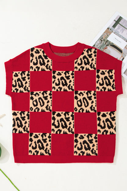 Black Leopard Checkerboard Short Sleeve Knit Sweater
