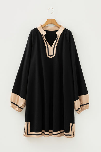 Black Plus Size Color Block Striped Trim V Neck Long Sleeve Shift Mini Dress