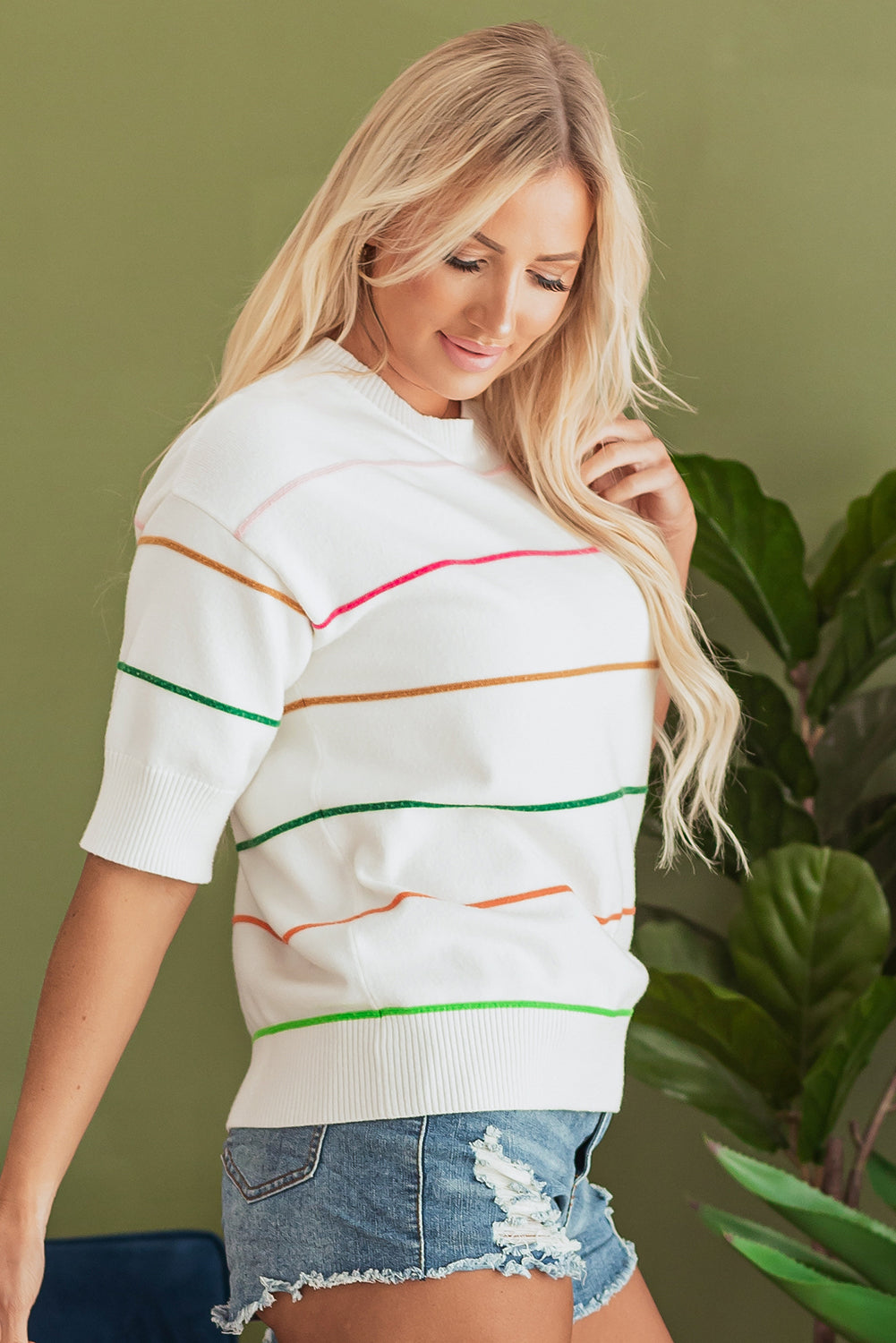 Beau Blue Colorblock Striped Half Sleeve Drop Shoulder Sweater