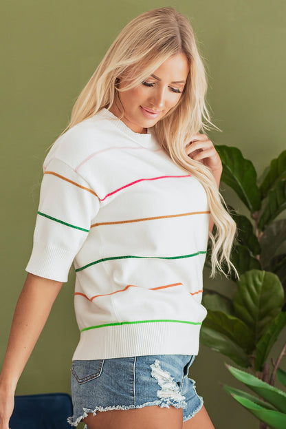Beau Blue Colorblock Striped Half Sleeve Drop Shoulder Sweater