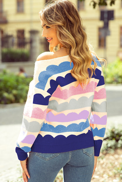 Gray Wave Striped Balloon Sleeve Drop Shoulder Sweater