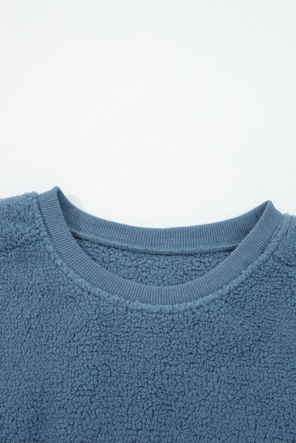 Sail Blue Fleece Drop Shoulder Exposed Seam Patchwork Casual Sweatshirt