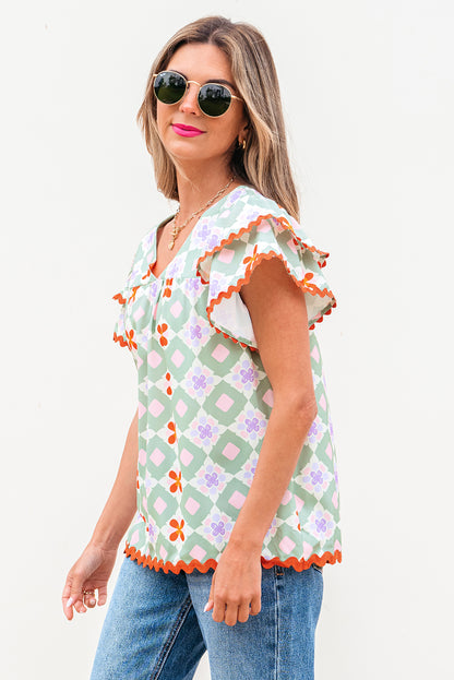 Green Geometric Floral Print Layered Flutter Sleeve V Neck Ric Rac Trim Blouse