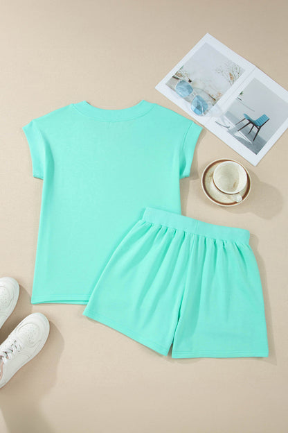 Sachet Pink V Neck Short Sleeve Top Drawstring Shorts 2pcs Set