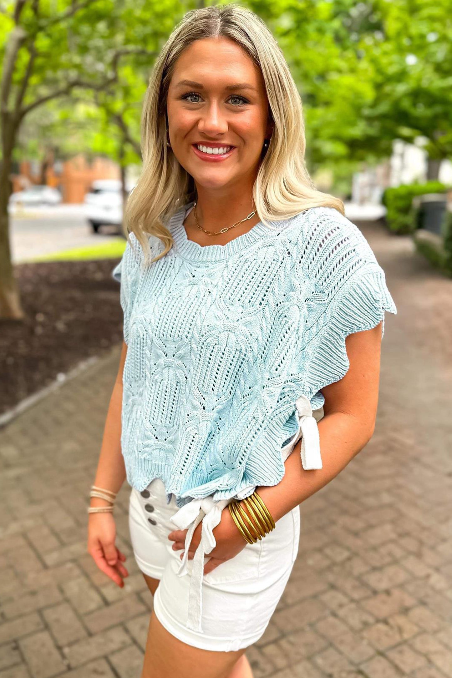 Bonbon Pointelle Knit Patterned Scalloped Trim Short Sleeve Sweater