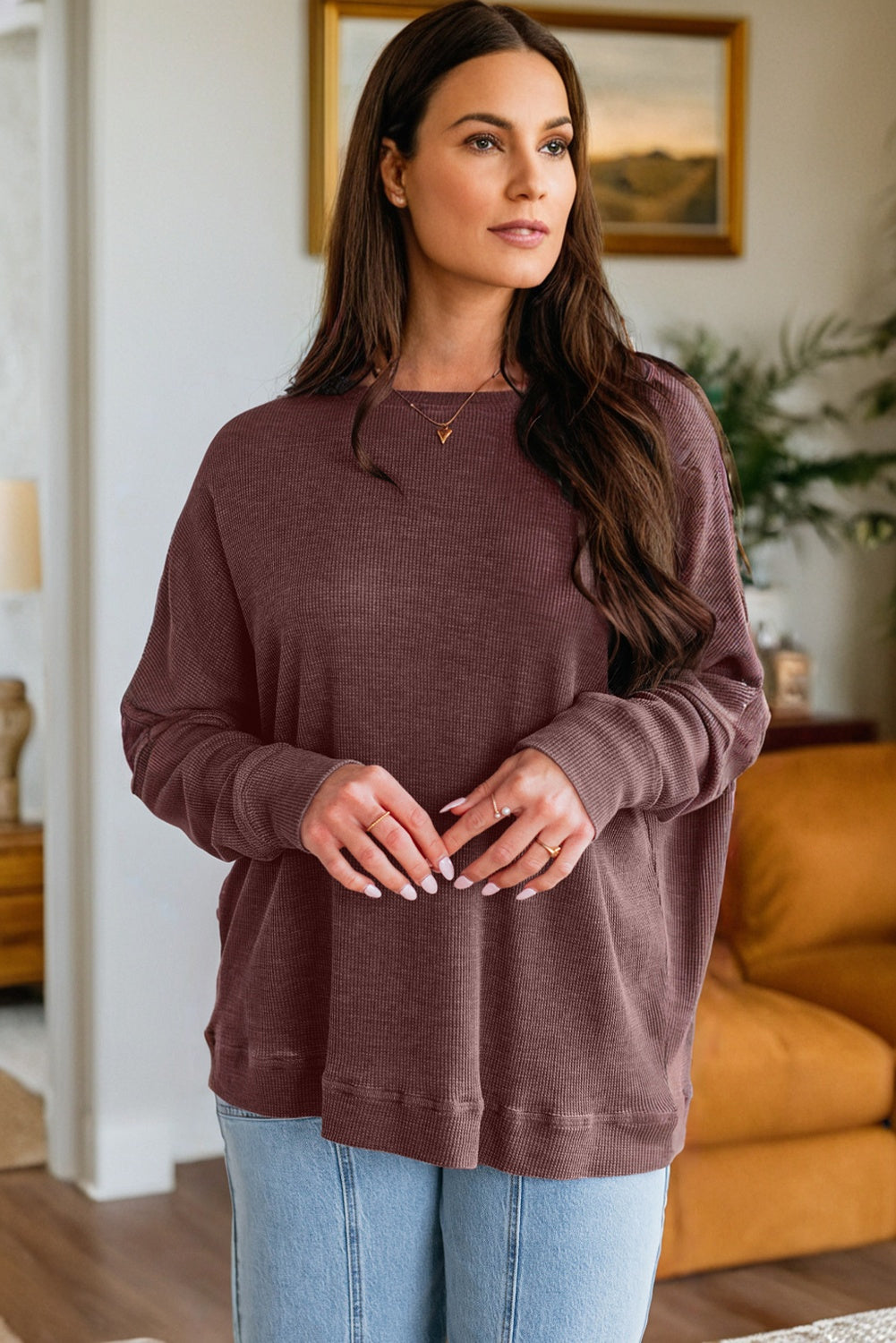 Bright Pink Waffle Knit Patchwork Long Sleeve Loose Top