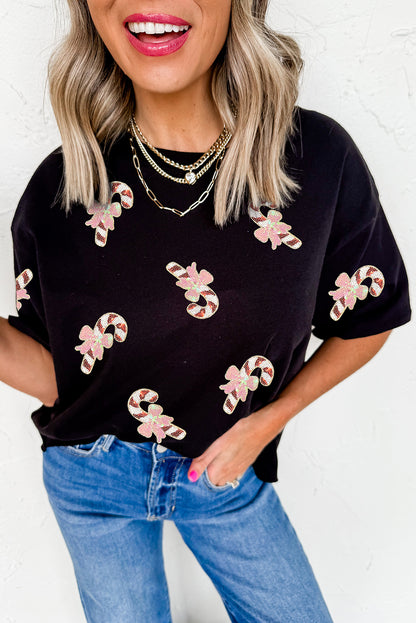 Black Sequined Candy Cane Patched Pattern Holiday T Shirt
