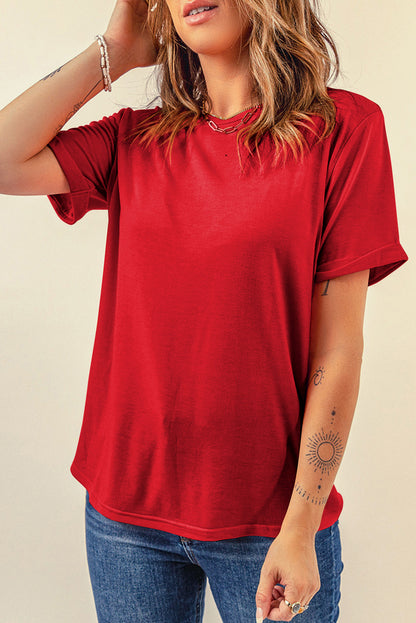 Sachet Pink Bright Casual Plain Crew Neck Tee