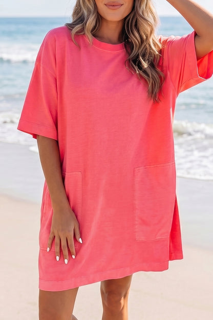 Light Blue Drop Shoulder Loose Casual T Shirt Mini Dress