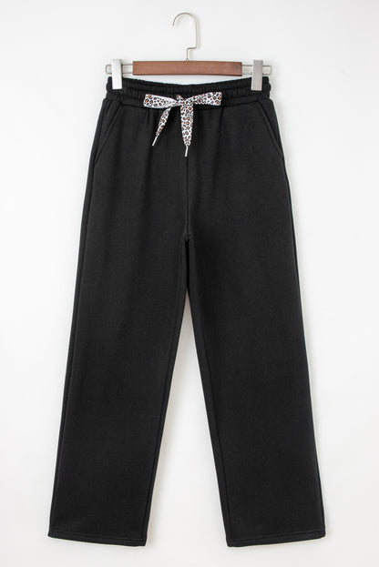 Dearlovers Coffee Fleece Lined Leopard Drawstring Elastic Waist Solid Pants