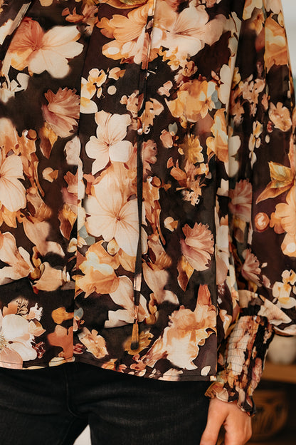 Black Floral V Neck Long Puff Sleeve Breezy Blouse