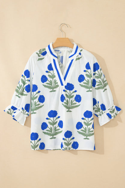 Green Casual Wild Flower Print V Neck 3/4 Sleeve Blouse