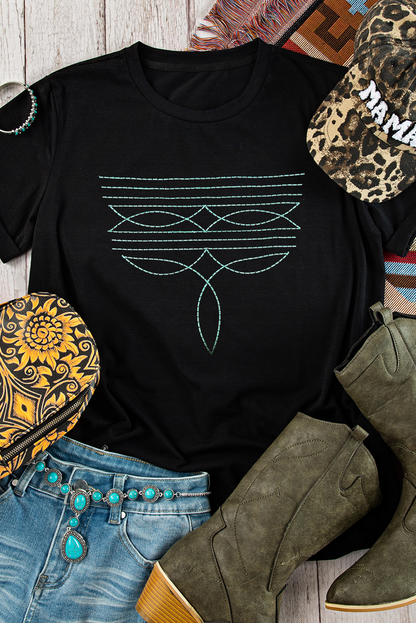 Black Western Fashion Geometric Embroidered T Shirt