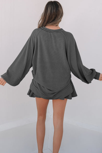 Sky Blue Corded Lantern Sleeve Top High Waist Ruffled Mini Skort Set