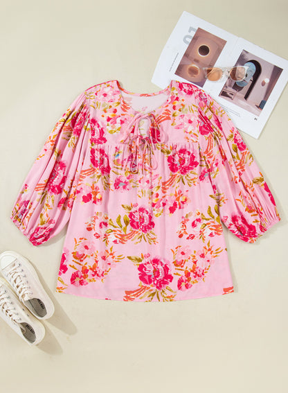 Pink Plus Size Floral Print V Neck Tie Front Short Sleeve Tunic Top
