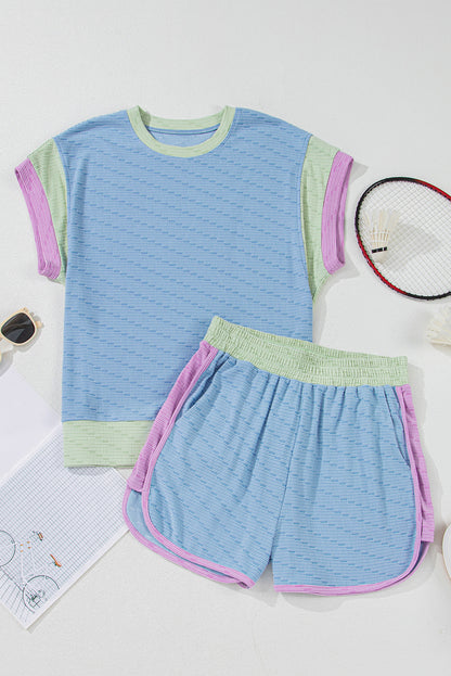 Beau Blue Corded Knit Contrast Trim Round Neck Cap Sleeve 2pcs Short Set