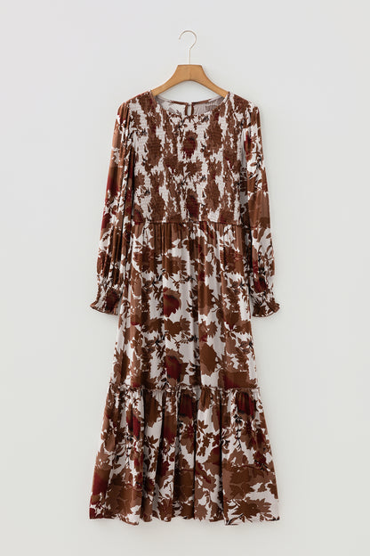 Orange Floral Puff Sleeve Smocked Bodice Ruffled Long Dress