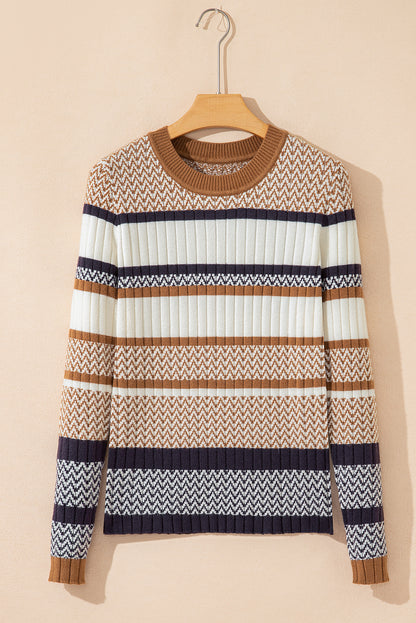 Brown Stripe Stylish Pattern Knitted Ribbed Trim Slim Sweater