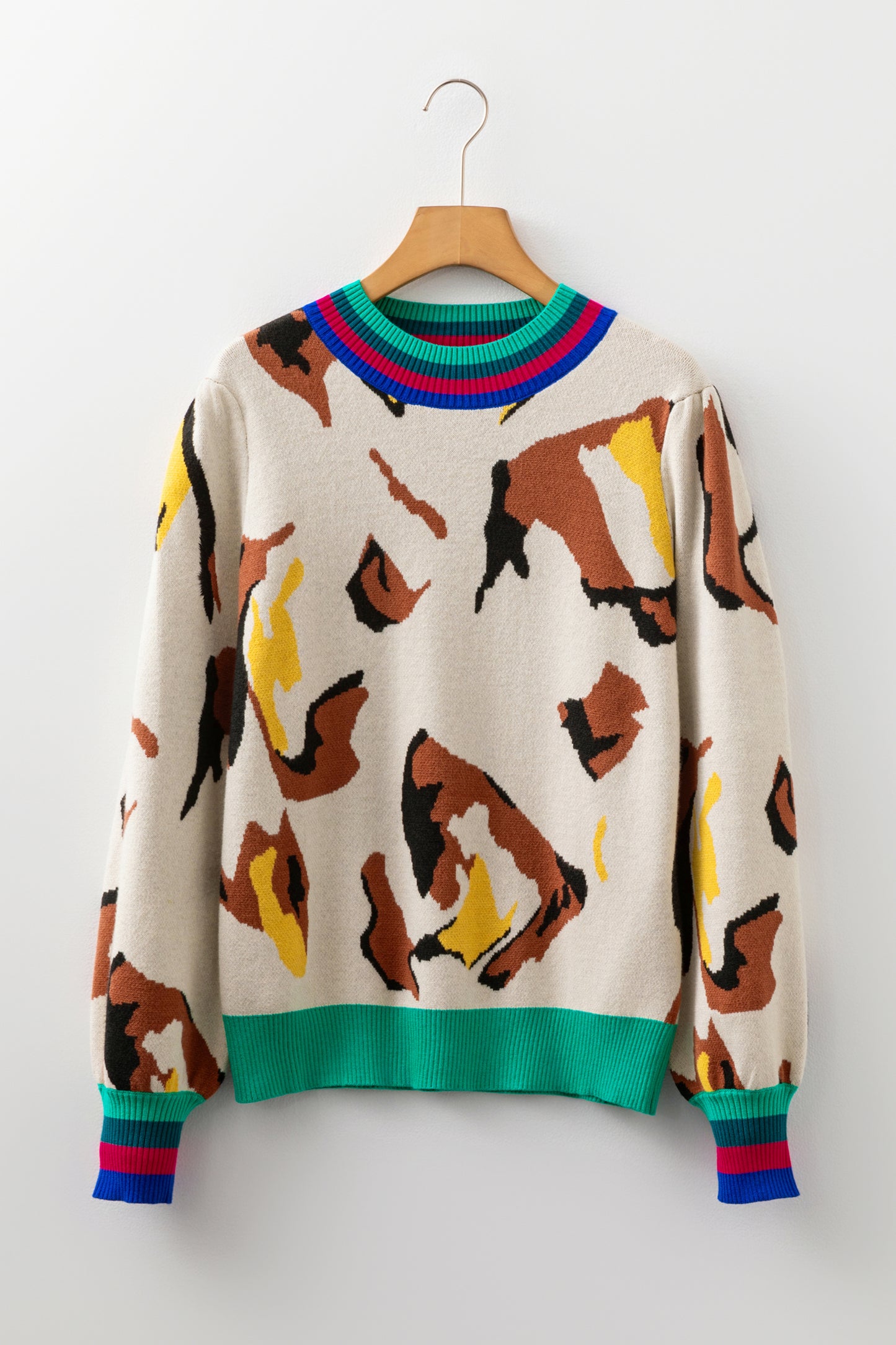 Apricot Contrast Ribbed Stripes Detail Animal Pattern Knit Sweater