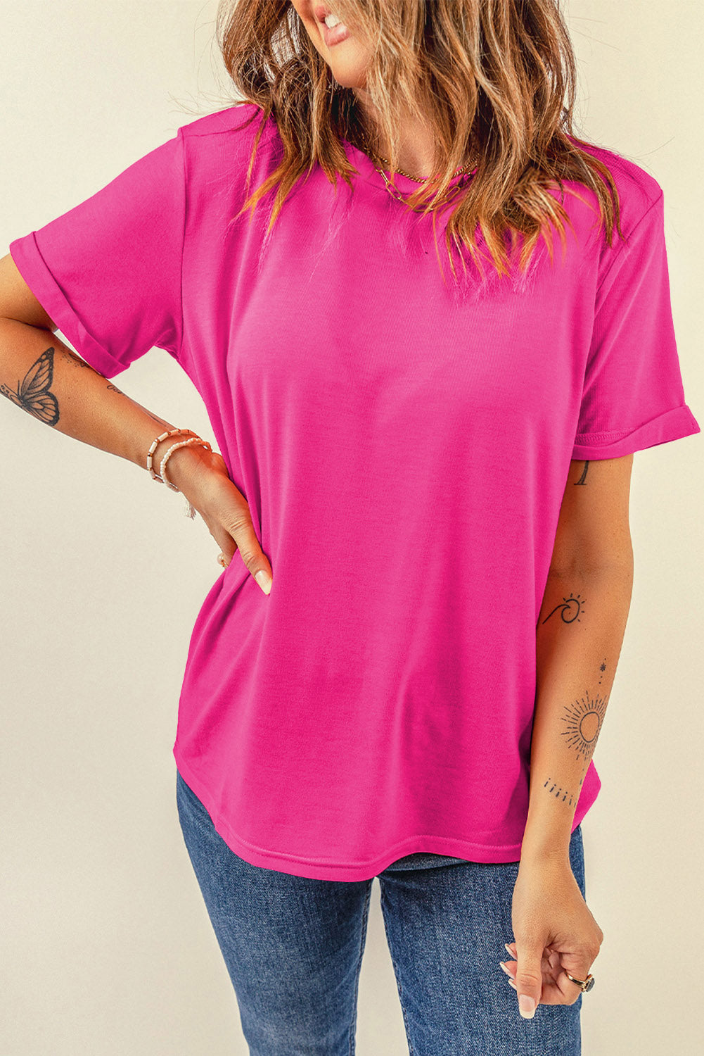 Sachet Pink Bright Casual Plain Crew Neck Tee