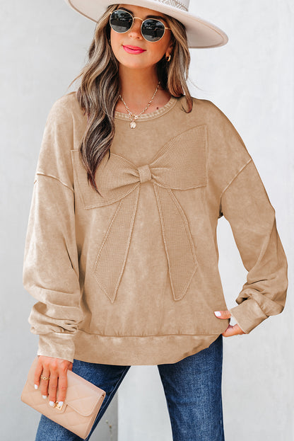 Orchid Bouquet Mineral Wash Big Bow Patchwork Pullover Sweatshirt