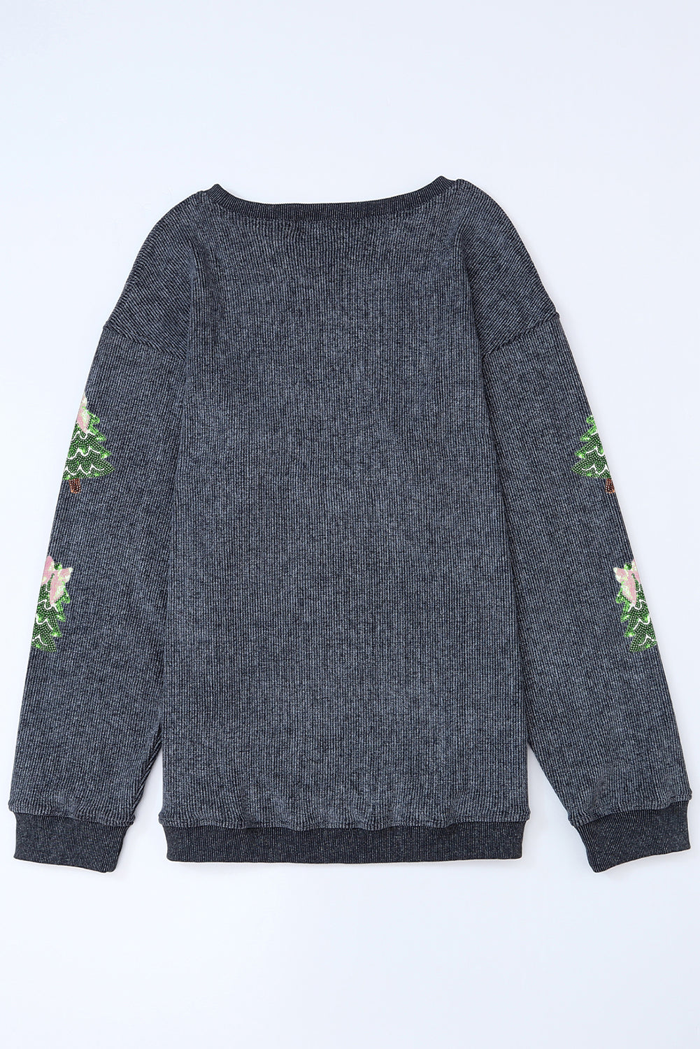 Gray Ribbed Round Neck Sequin Christmas Tree Patched Baggy Sweatshirt