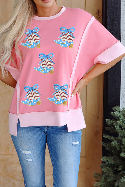 Peach Blossom Raw Edge Patchwork Coquette Patriotic Sequin Boots Graphic Top