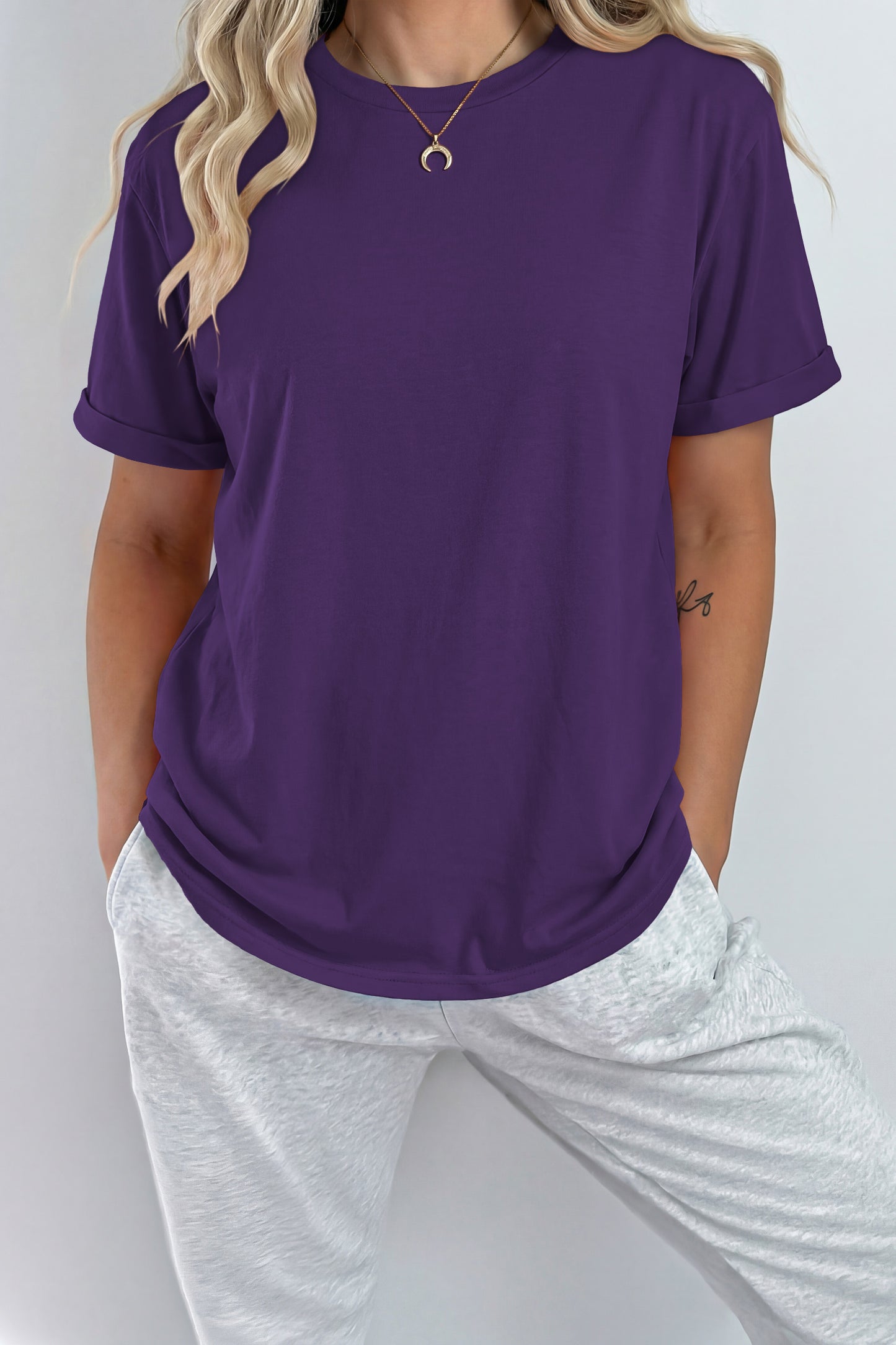 Sachet Pink Bright Casual Plain Crew Neck Tee