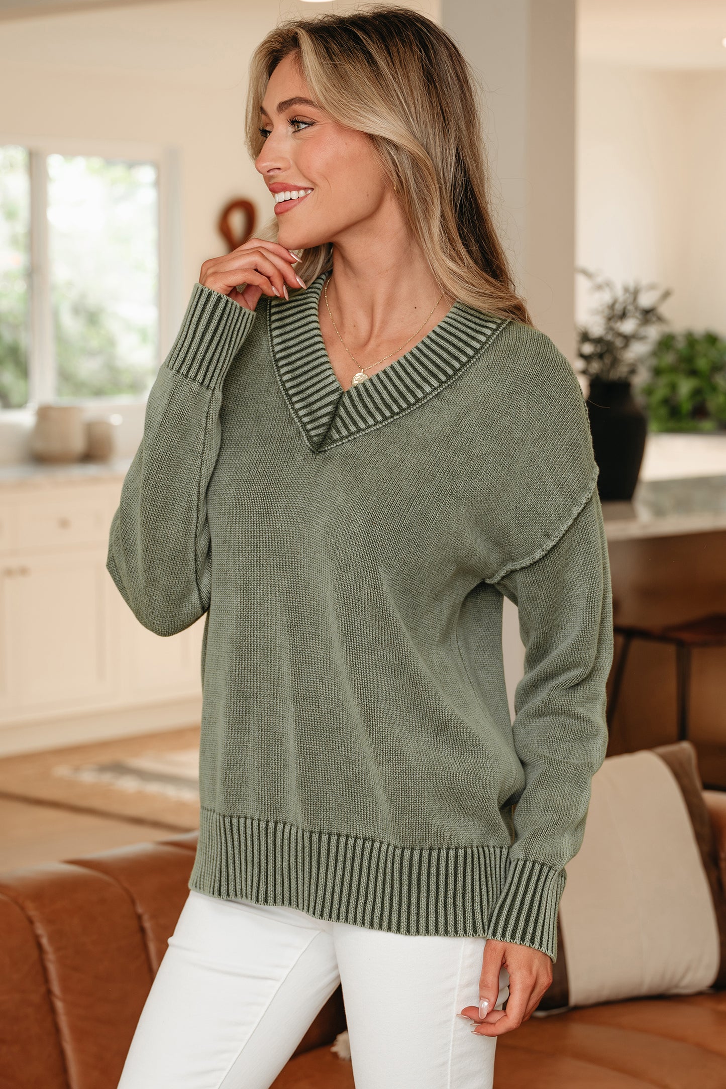 Black Mineral Wash V Neck Knit Exposed Seam Drop Shoulder Loose Sweater