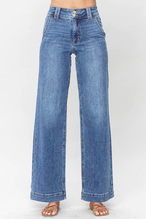 Sky Blue Double Button Zip Fly Straight Leg Jeans