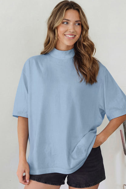 Dark Blue Solid Color High Neck Oversize Tee