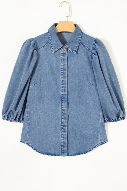 Blue Puff Half Sleeve Collared Denim Shirt