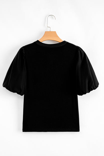 Black Ribbed Patchwork Puff Sleeve Half Button Placket Slim Fit Top