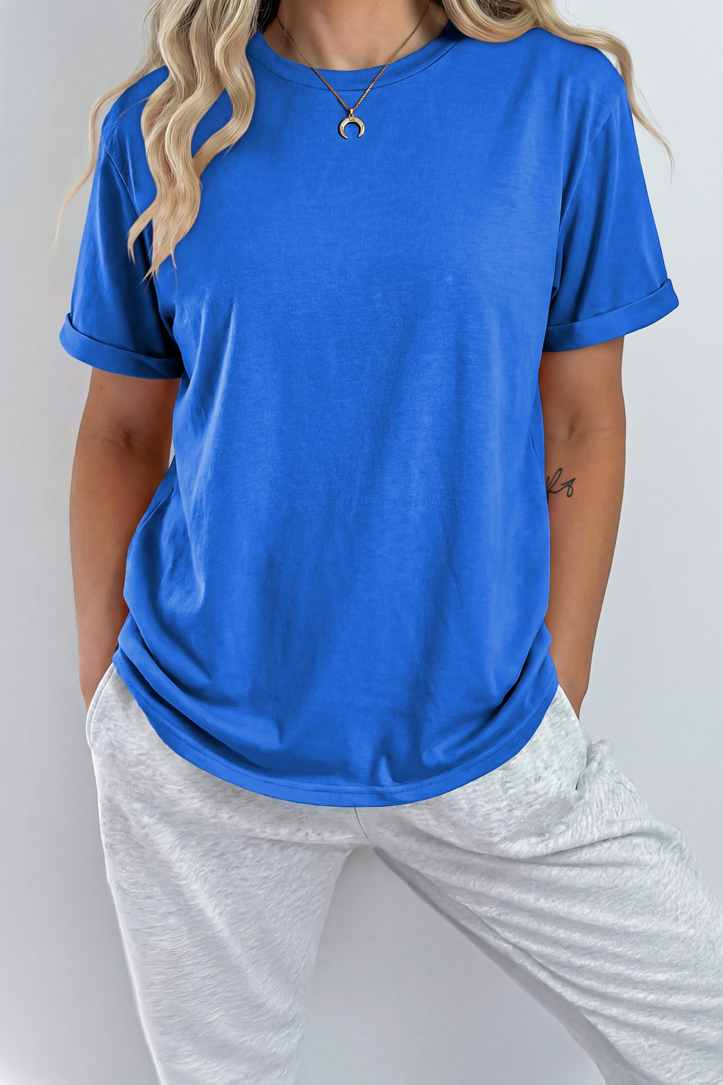 Sachet Pink Bright Casual Plain Crew Neck Tee