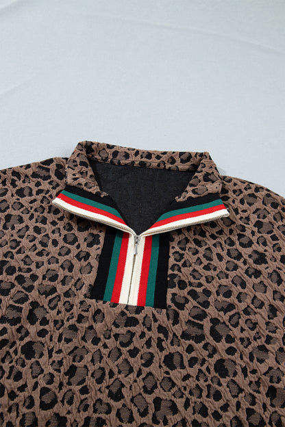 Brown Leopard Jacquard Striped Patchwork Half Zip Short Sleeve Blouse