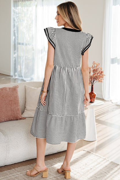 Green Stripe Double Ruffled Short Sleeve Contrast Trim V Neck Midi Dress